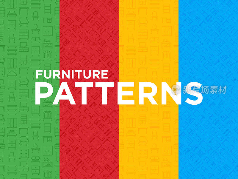 Four different Furniture seamless patterns with thin line icons: dressing table, sofa, armchair, wardrobe, chair, table, bookcase, bed, clothes rack. Elements of interior. Vector illustration.